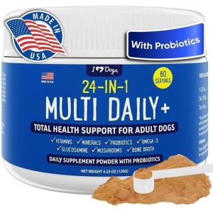 image:imageiHeartDogs 24in1 Adult Dog Multivitamin Daily Total Health Support Powder with Probiotics Omega3 Glucosamine Mushrooms amp Bone Broth  60 Servings