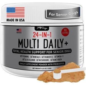 image:imageiHeartDogs 24in1 Senior Multivitamin Daily Total Health Support Powder with Probiotics Omega3 Glucosamine Mushrooms amp Bone Broth 60 Servings