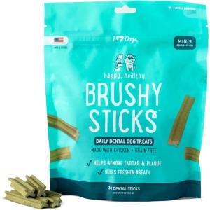 image:imageiHeartDogs Brushy Sticks  Dental Treats for Dogs Removes Plaque and Tartar Buildup  GrainFree Dog Teeth Cleaning Chews Made with Chicken  30 Mini Sticks026 Ounce Pack of 30