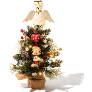 image:imageFaux Christmas Tree 14 with Lights and Cat Angel Tree Topper  Includes 7Piece Cat Ornament Set BatteryOperated LED Lights Flocking Red Berries amp Pinecones